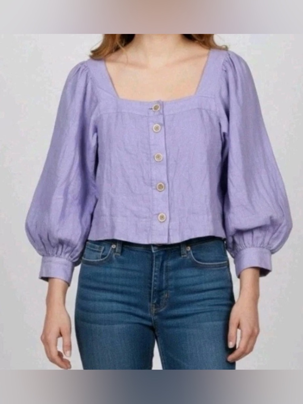 J.Crew Squareneck Button-Up Top 100% Linen In Lavender  Balloon Sleeve Sz XL